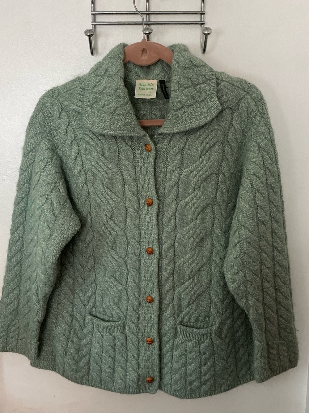 Aran Crafts Sage Green Cable Knit 100% Merino Wool Cardigan XL